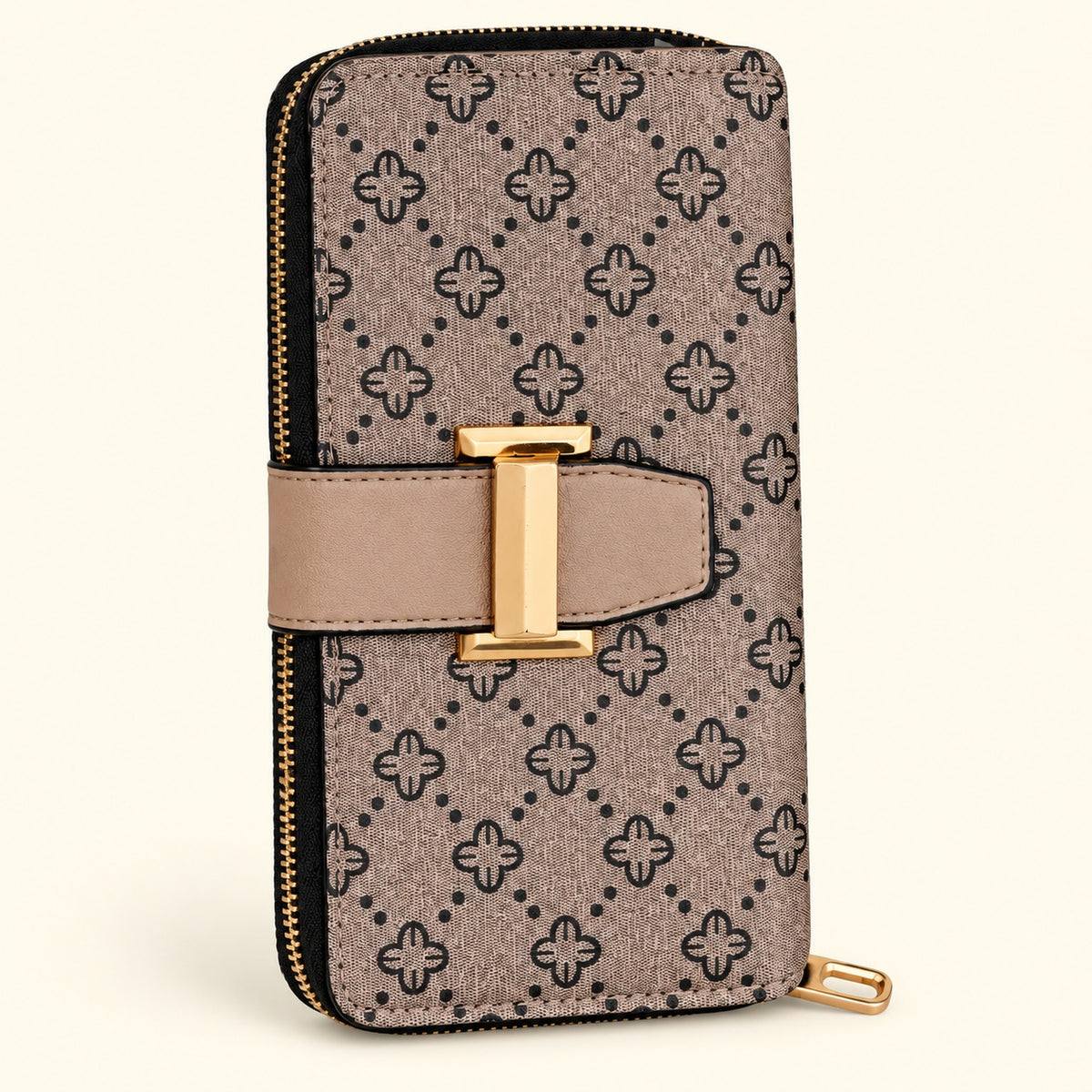 Cartera Jolene Couture beige estampada, vista en ángulo