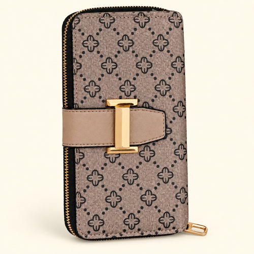 Cartera Jolene Couture beige estampada, vista en ángulo