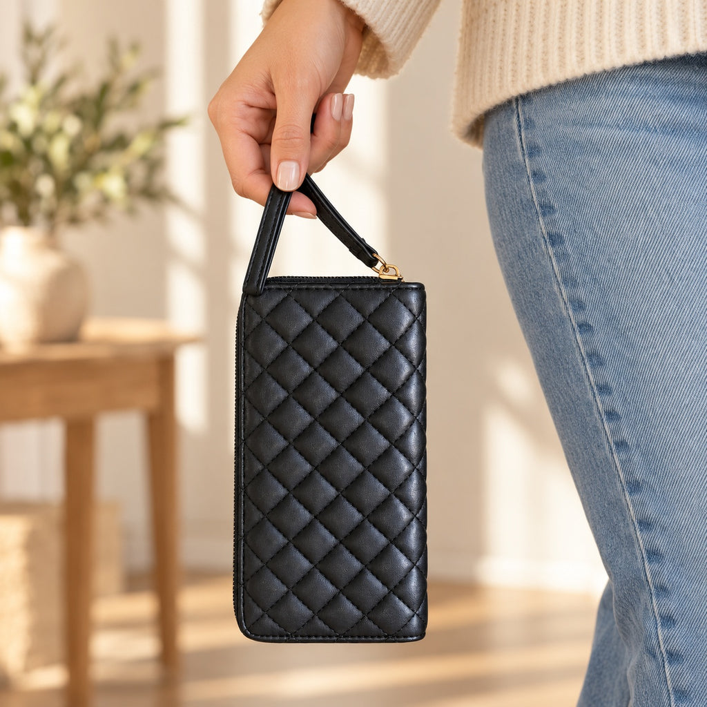 Cartera XOXO negra acolchada con correa, ejemplo de uso