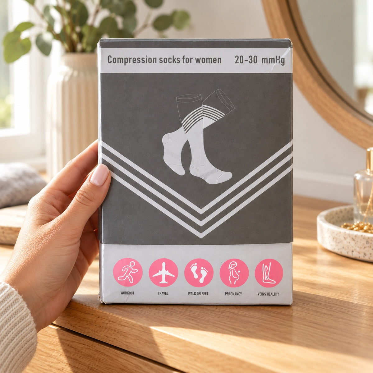 Calcetas de compresión talla L · caja de 3 pares, ejemplo de uso
