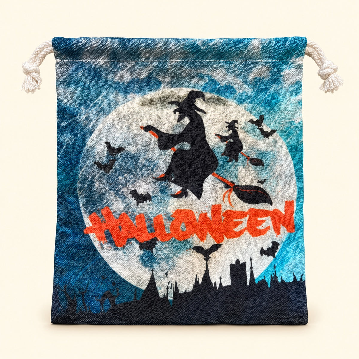 Bolsita de cordón Halloween azul con luna y brujas, vista frontal