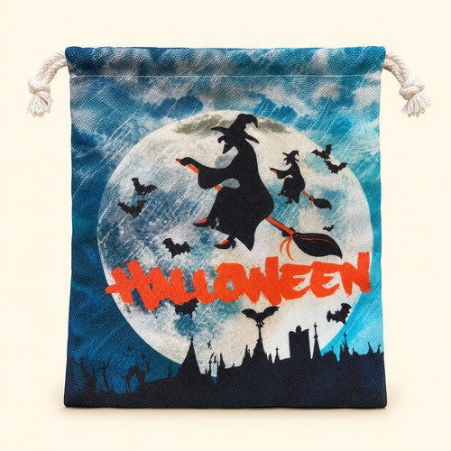 Bolsita de cordón Halloween azul con luna y brujas, vista frontal