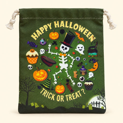 Bolsita de cordón Halloween verde con esqueleto, vista frontal