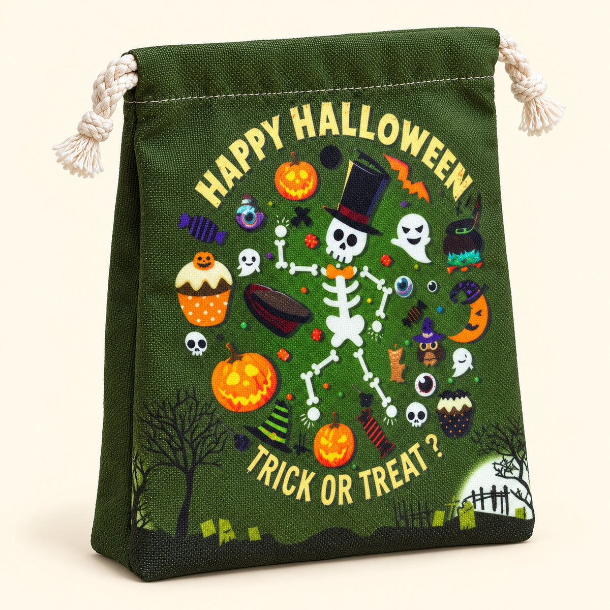 Bolsita de cordón Halloween verde con esqueleto, vista en ángulo