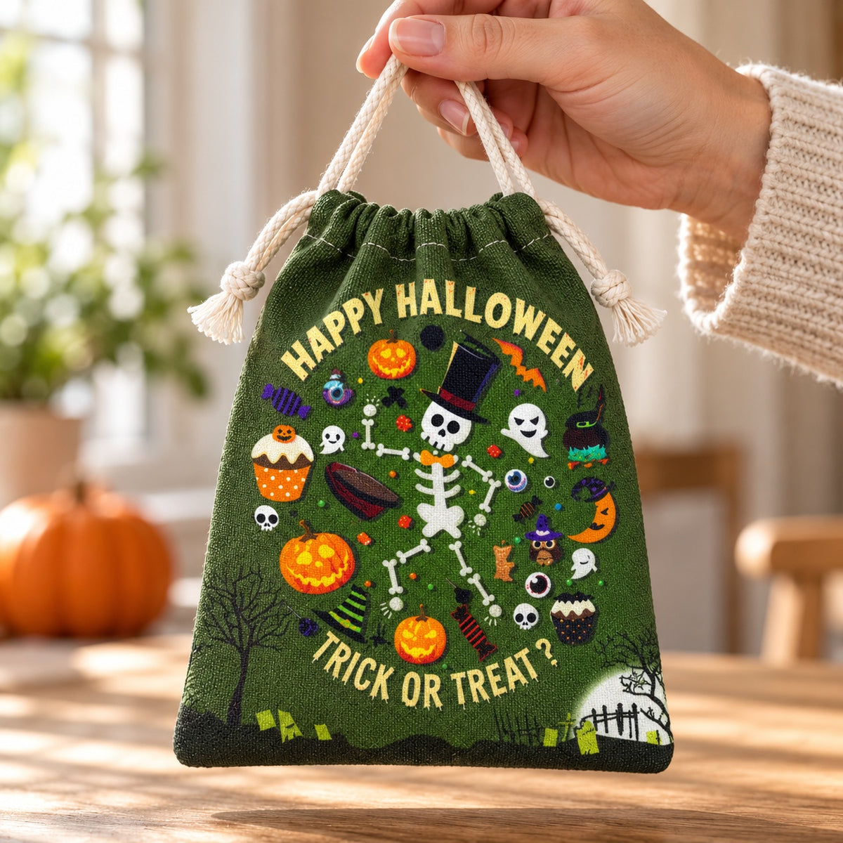 Bolsita de cordón Halloween verde con esqueleto, ejemplo de uso