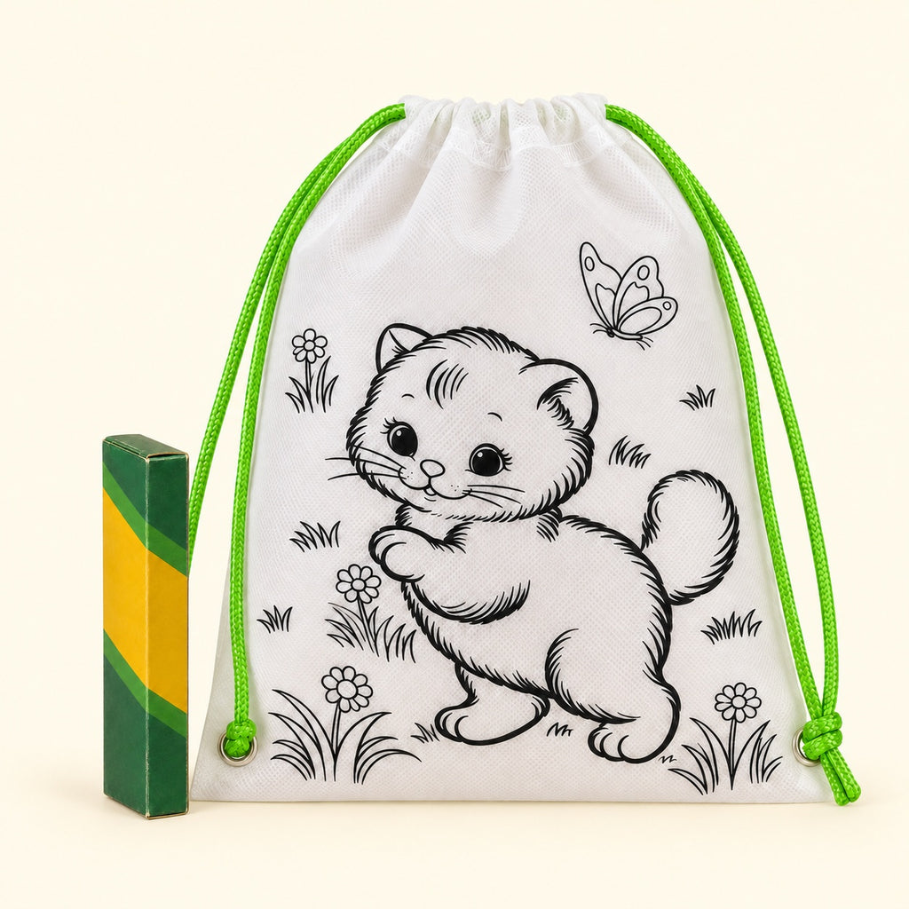 Kit de morral para colorear con 5 crayones · diseños surtidos, vista frontal