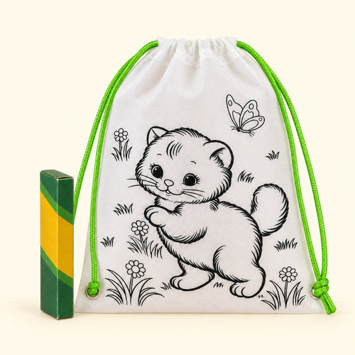 Kit de morral para colorear con 5 crayones · diseños surtidos, vista frontal