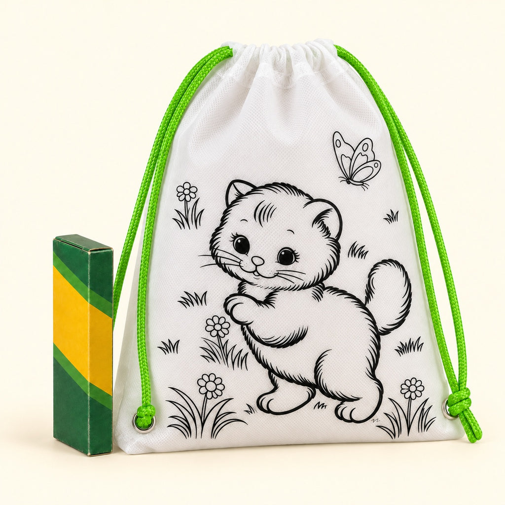 Kit de morral para colorear con 5 crayones · diseños surtidos, vista en ángulo