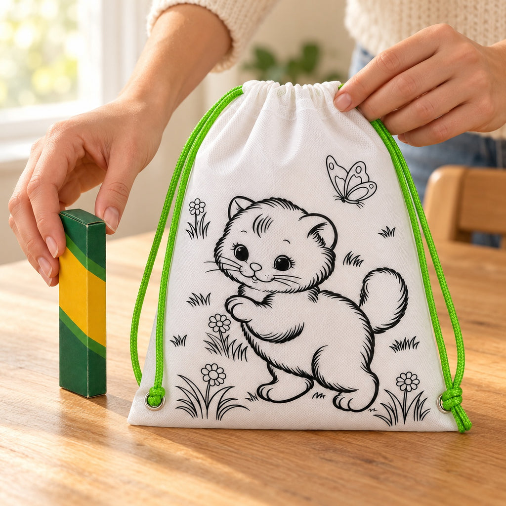 Kit de morral para colorear con 5 crayones · diseños surtidos, ejemplo de uso