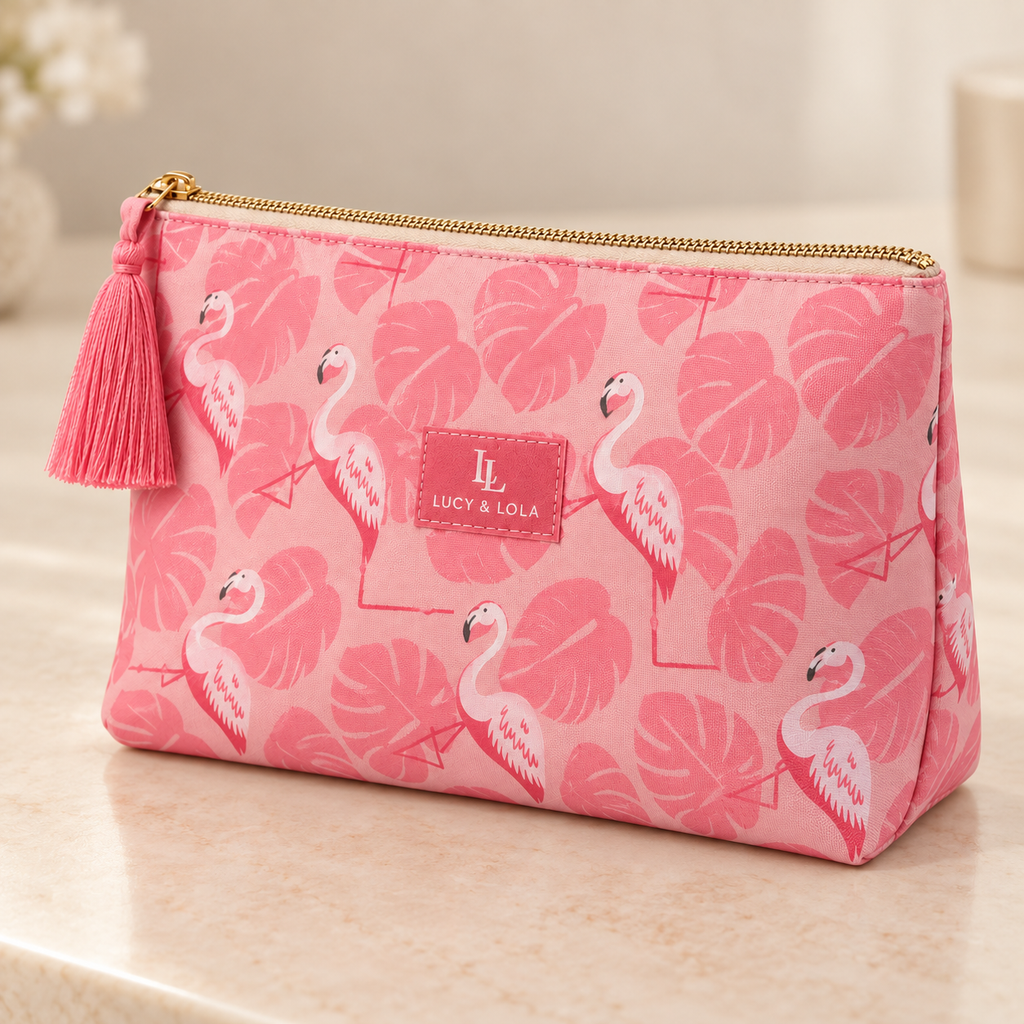 Cosmetiquera Lucy & Lola rosa con flamingos y 2 botellitas