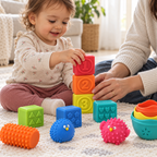Escena ilustrativa de uso: peque apilando los bloques Playgo Busy Stack con acompañamiento adulto.