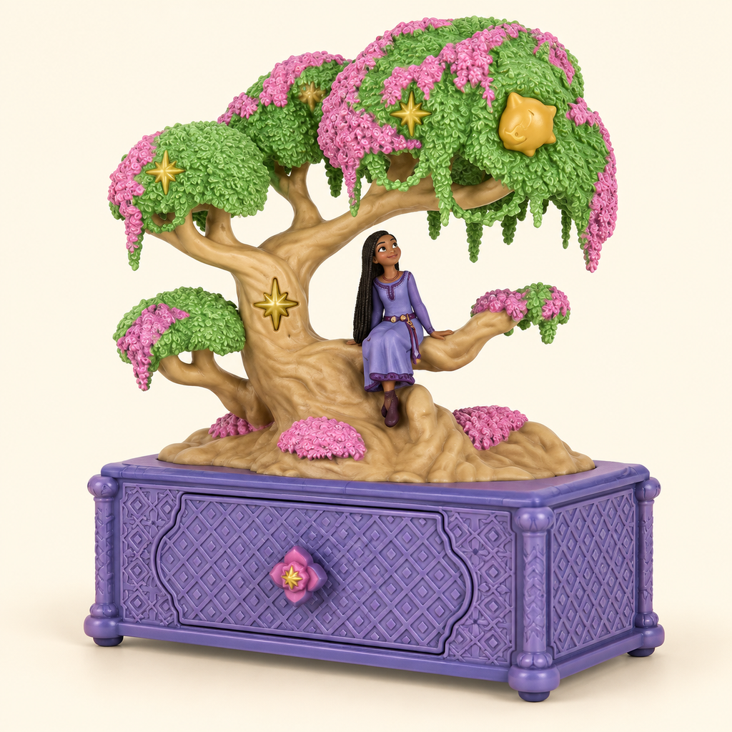 Caja musical Disney Wish de Asha fuera del empaque, con árbol de los deseos y cajón violeta.