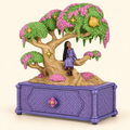 Caja musical Disney Wish de Asha fuera del empaque, con árbol de los deseos y cajón violeta.