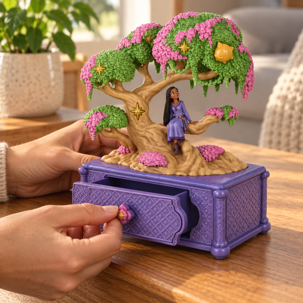 Escena ilustrativa de uso: manos abriendo el cajón violeta de la caja musical Disney Wish de Asha.