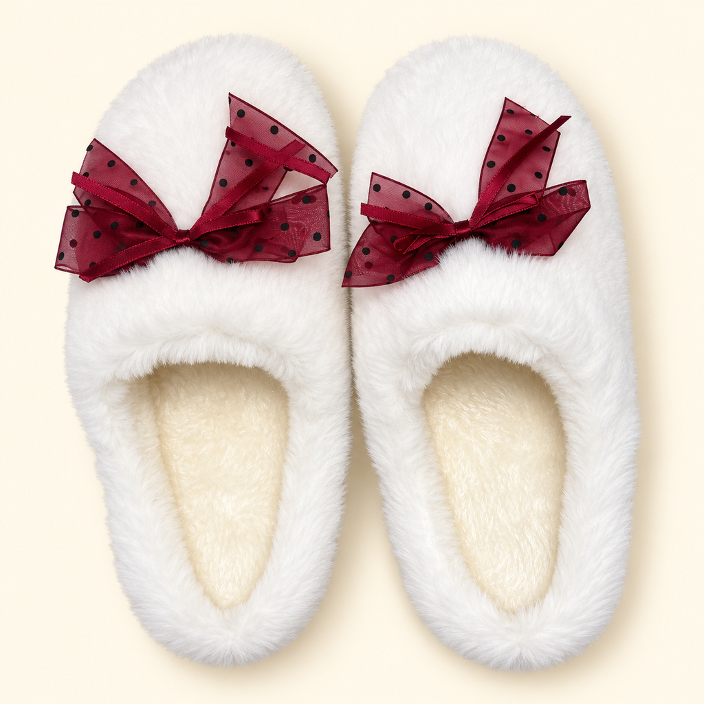 Luna Mellow · pantuflas blancas con moño guinda talla L 8–9