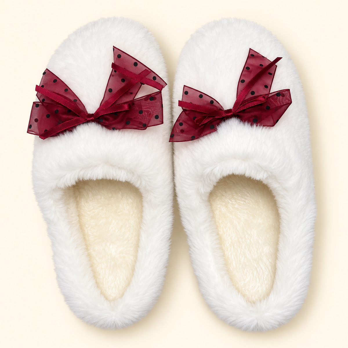 Luna Mellow · pantuflas blancas con moño guinda talla L 8–9