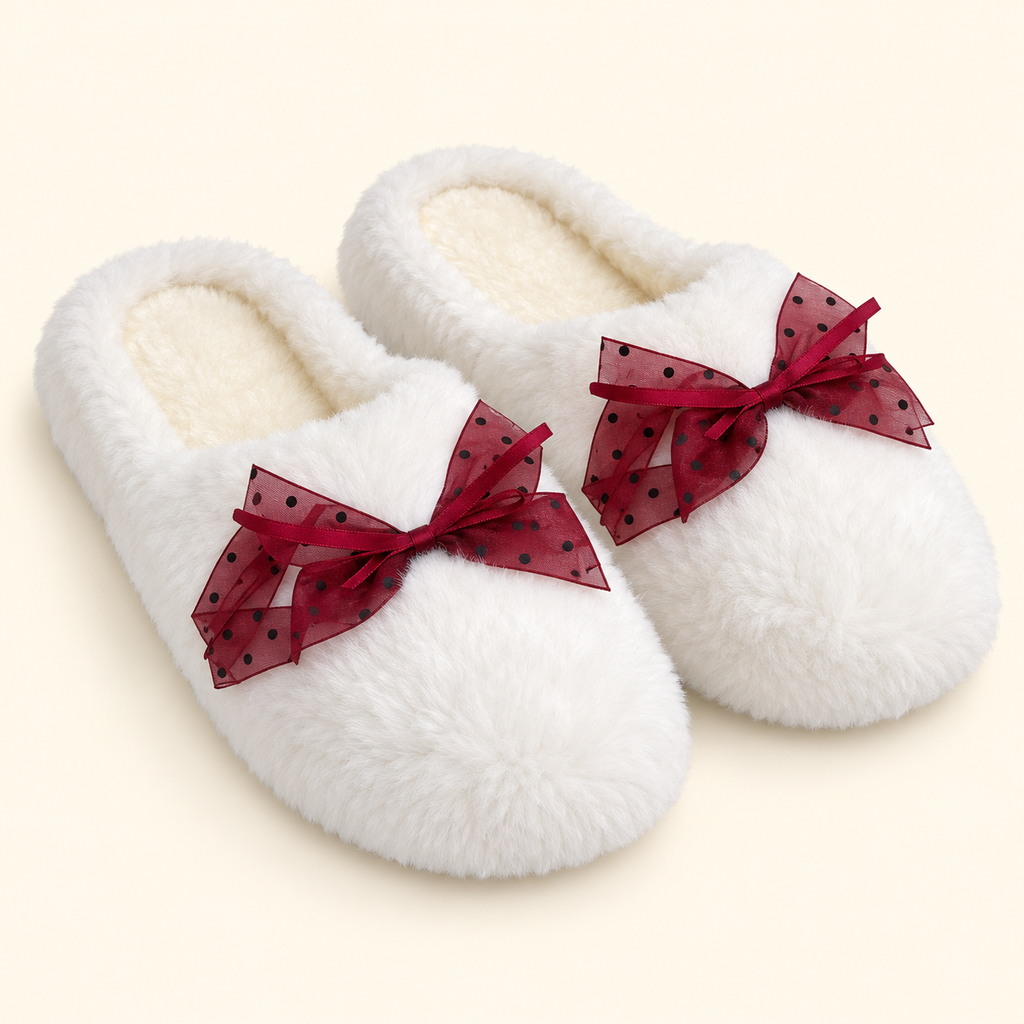 Luna Mellow · pantuflas blancas con moño guinda talla L 8–9