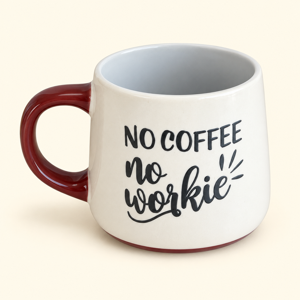 Taza color crema con frase «No Coffee No Workie»
