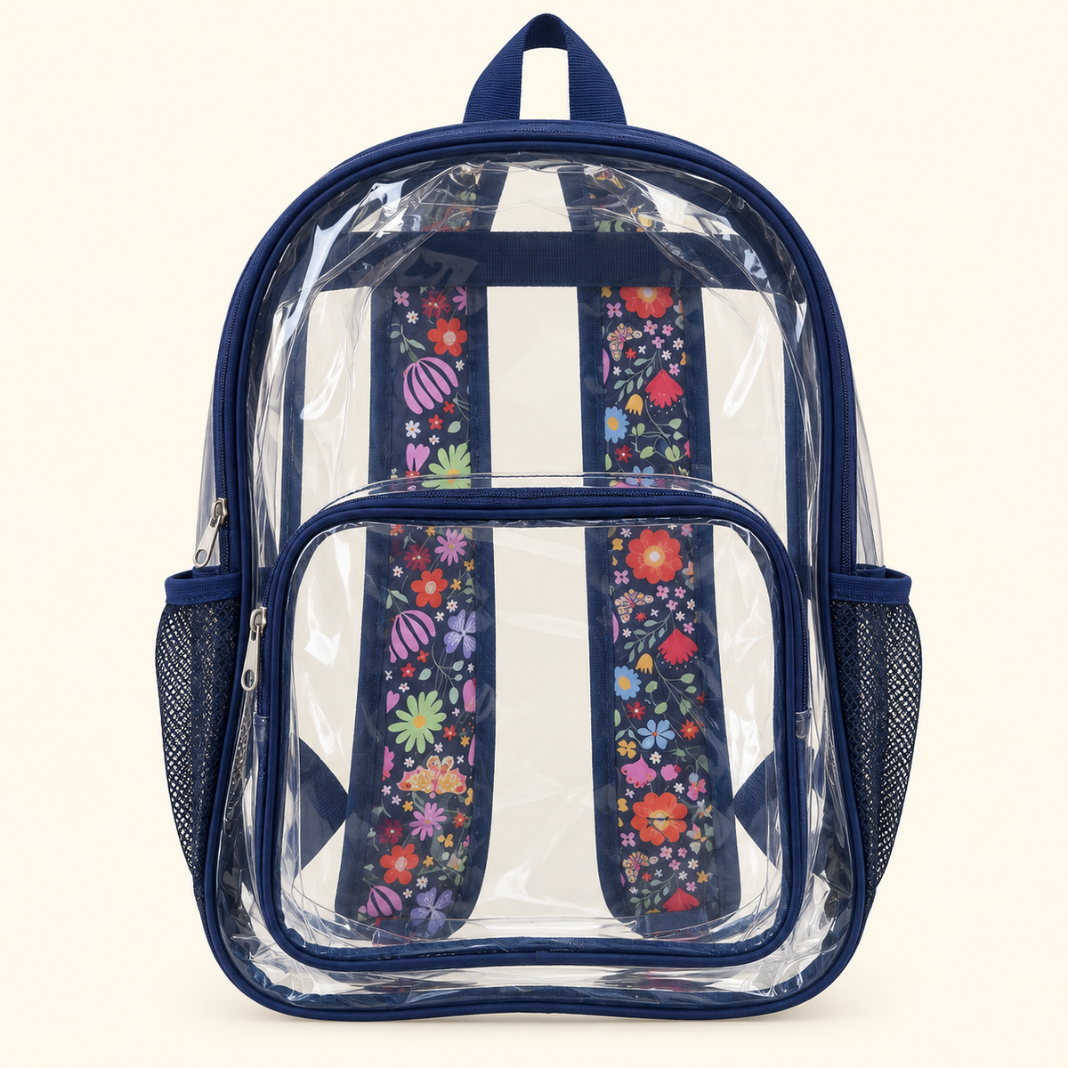 Mochila transparente con tirantes estampados · tres diseños