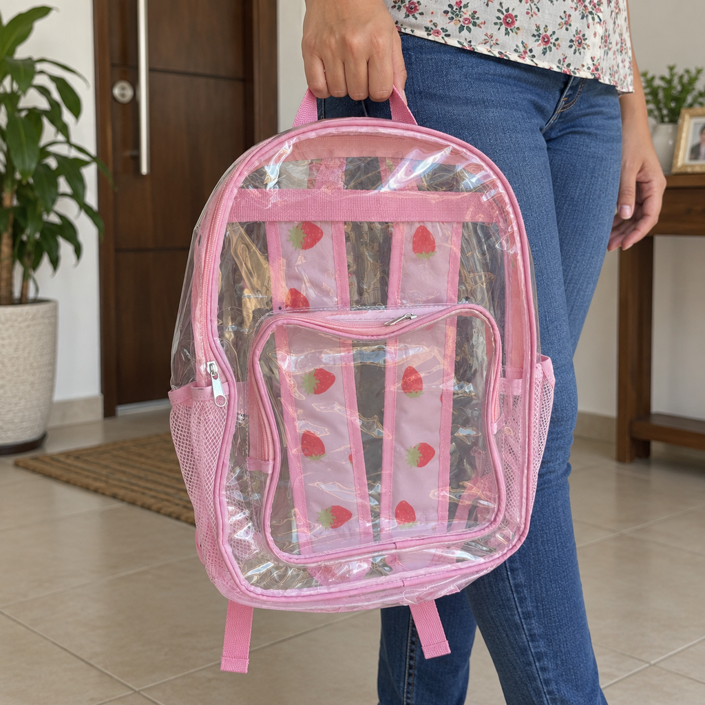 Mochila transparente con tirantes estampados · tres diseños