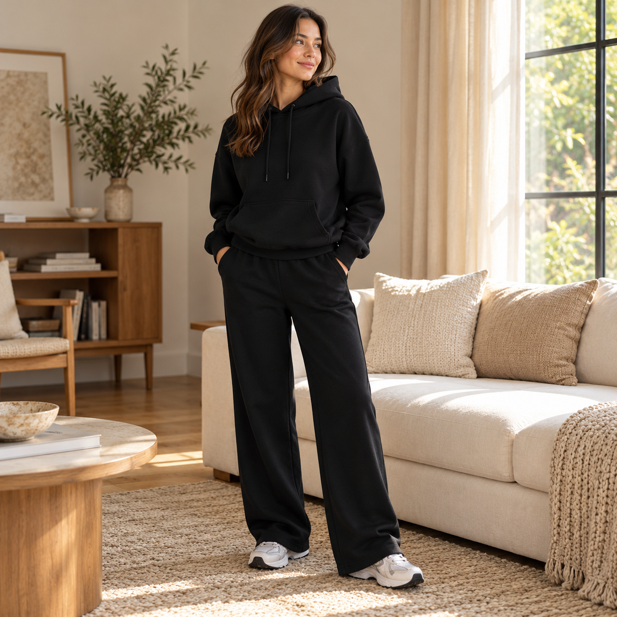 Conjunto de sudadera con capucha y pantalón · negro · escena de uso