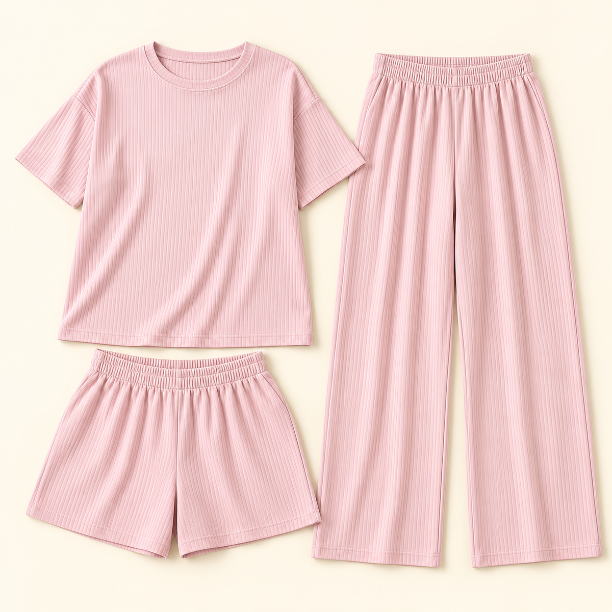 Conjunto acanalado de tres piezas · rosa · vista frontal