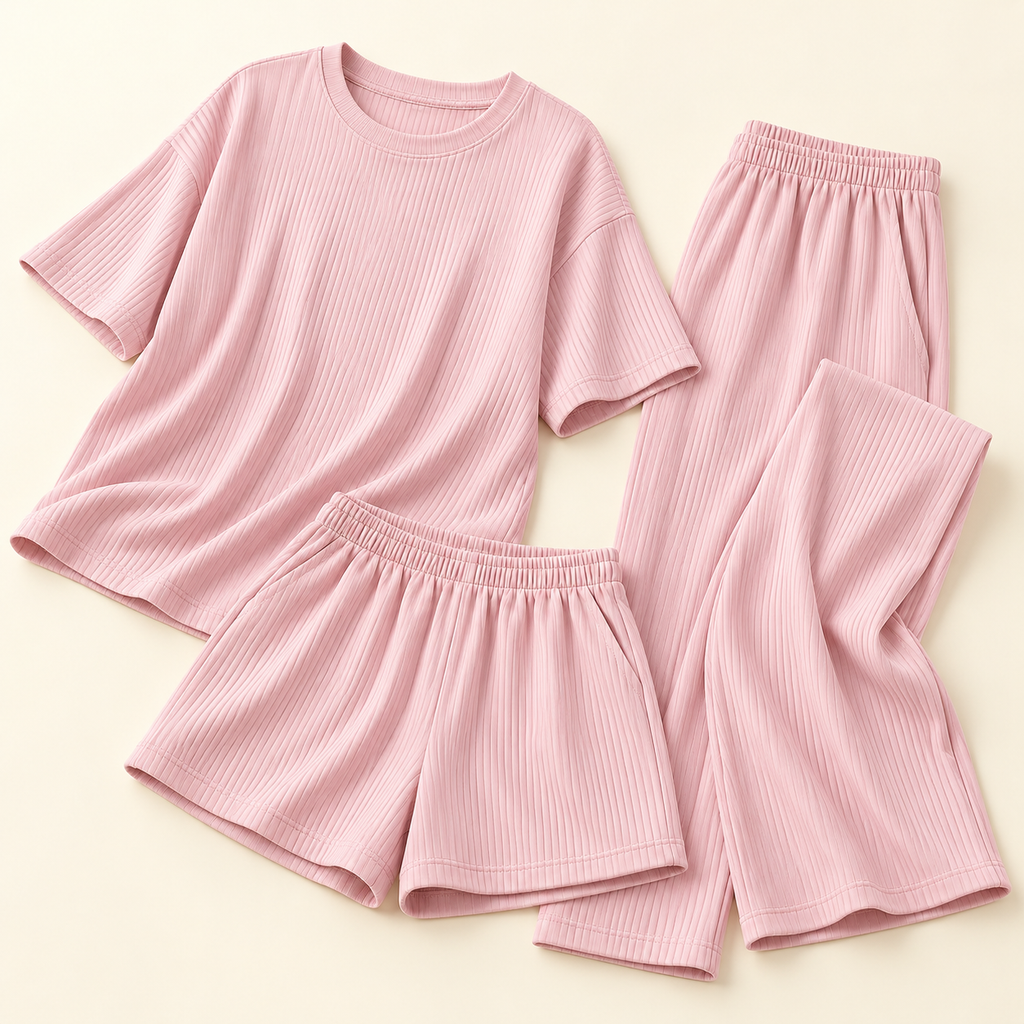 Conjunto acanalado de tres piezas · rosa · detalle y piezas incluidas