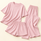 Conjunto acanalado de tres piezas · rosa · detalle y piezas incluidas
