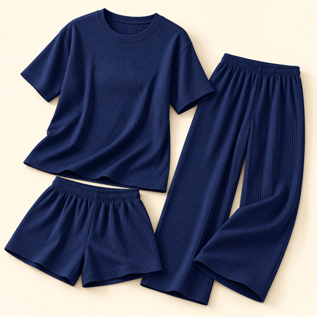Conjunto acanalado de tres piezas · azul marino · detalle y piezas incluidas