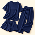 Conjunto acanalado de tres piezas · azul marino · detalle y piezas incluidas