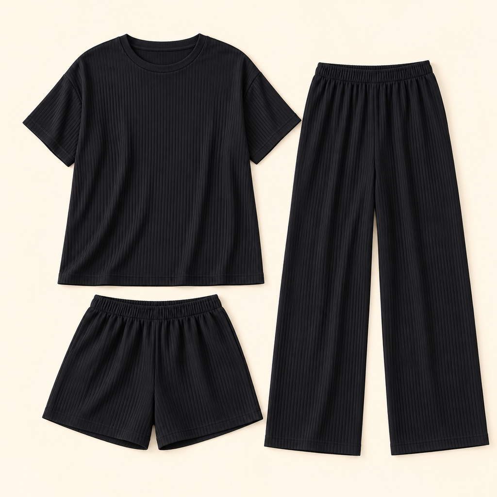 Conjunto acanalado de tres piezas · negro · vista frontal