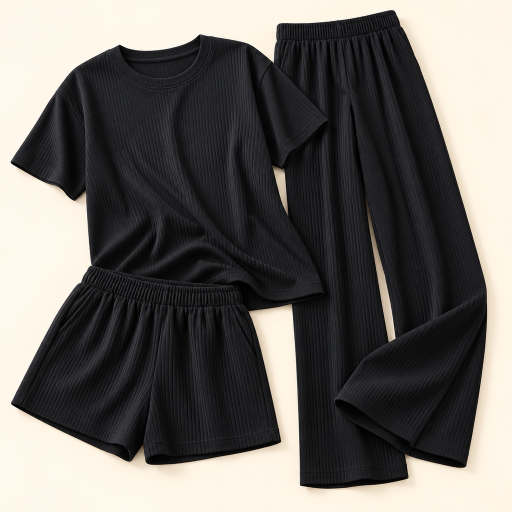 Conjunto acanalado de tres piezas · negro · detalle y piezas incluidas