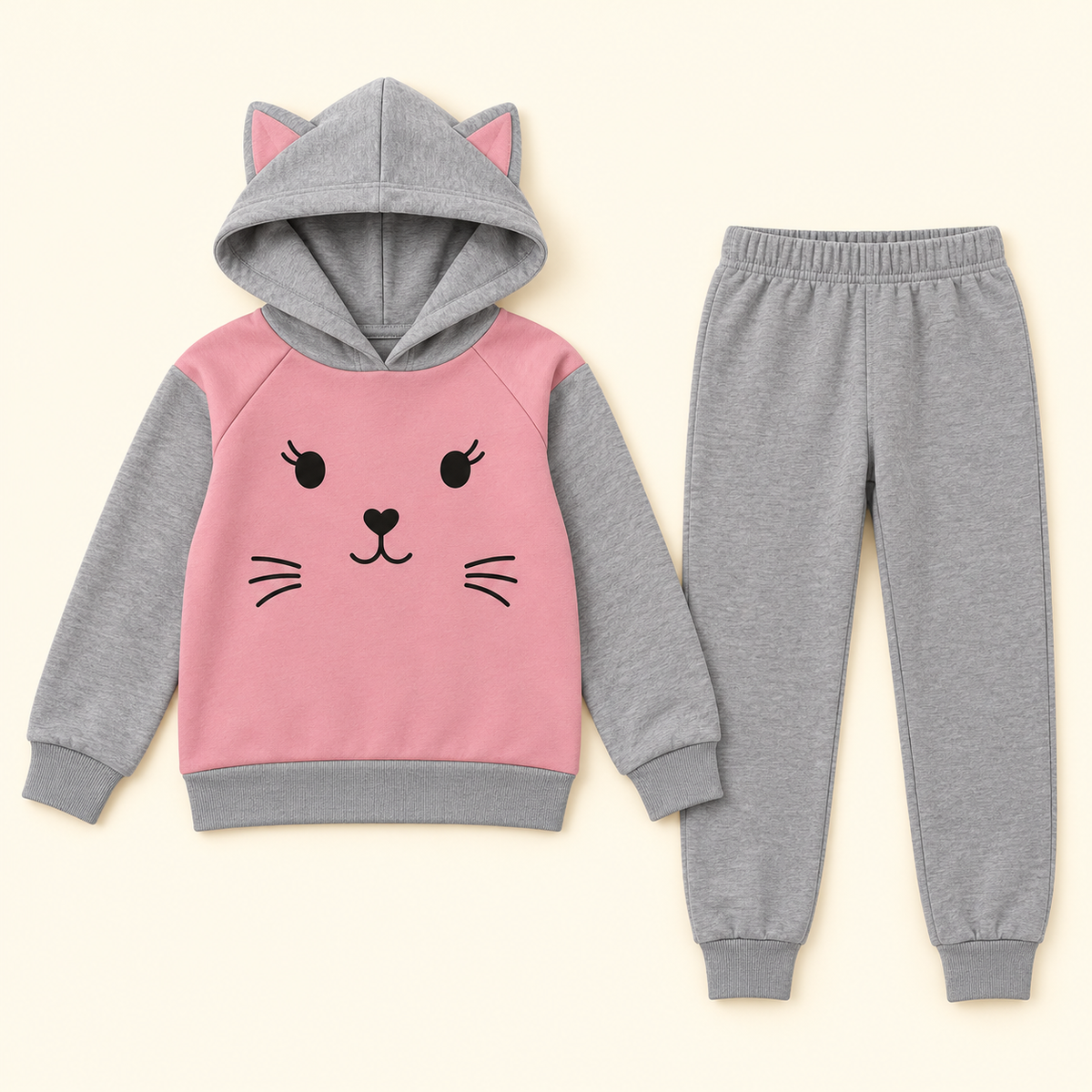 Conjunto de gatito con orejitas para niña · rosa y gris · 8-9Y · vista frontal