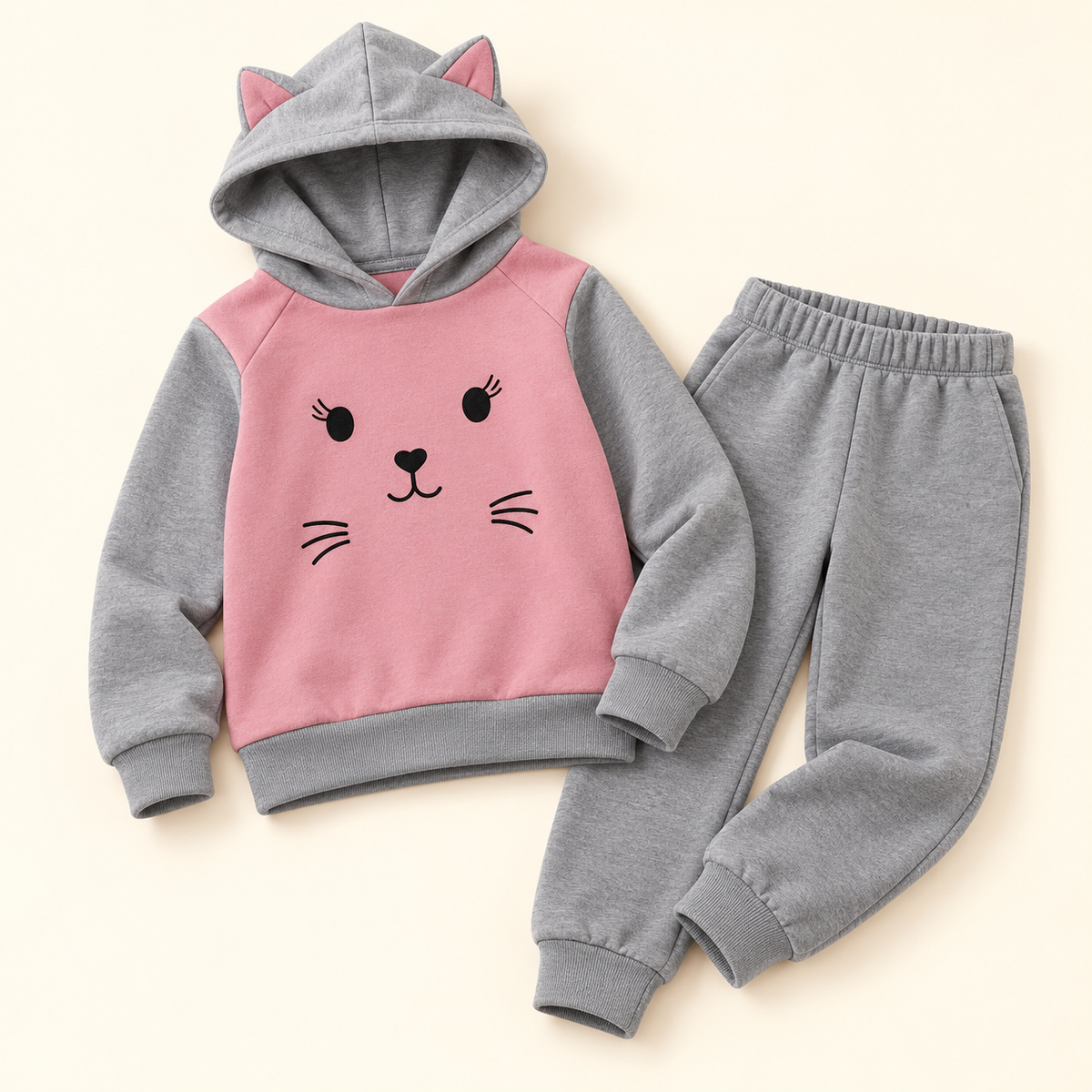 Conjunto de gatito con orejitas para niña · rosa y gris · 8-9Y · detalle y piezas incluidas