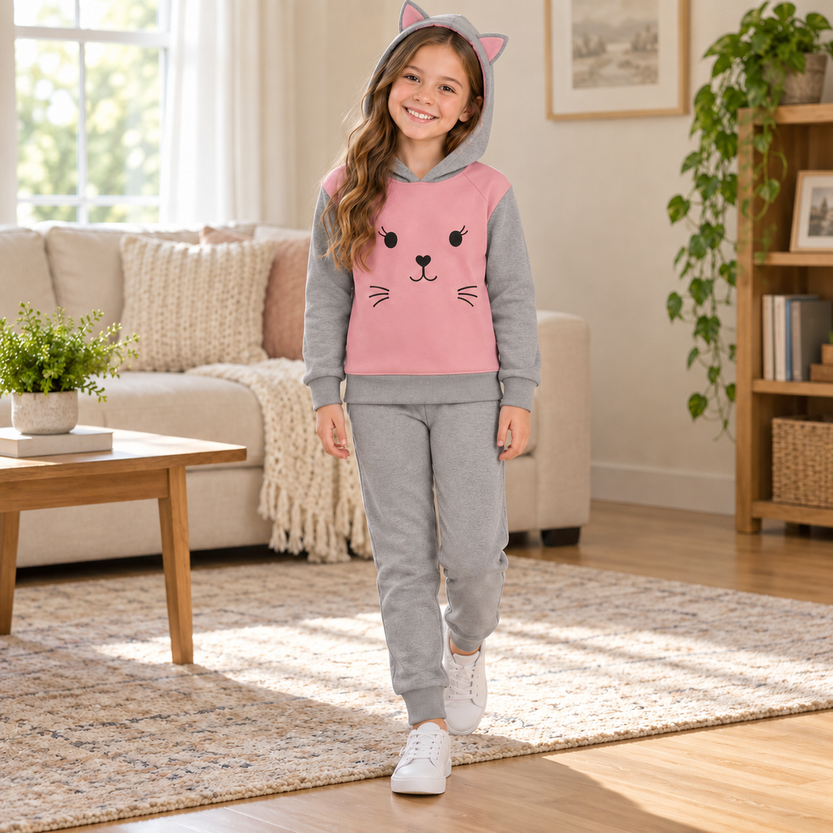 Conjunto de gatito con orejitas para niña · rosa y gris · 8-9Y · escena de uso