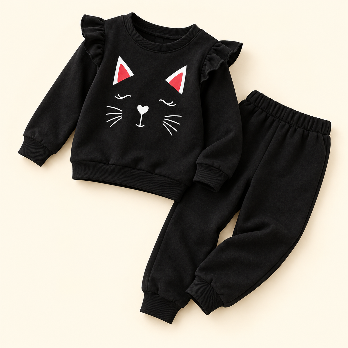Conjunto de gatito con olanes para niña · negro · 4Y · detalle y piezas incluidas