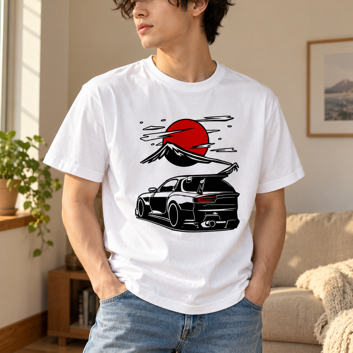 Playera blanca con auto y sol rojo Blanco, talla S. Imagen de uso ilustrativa.
