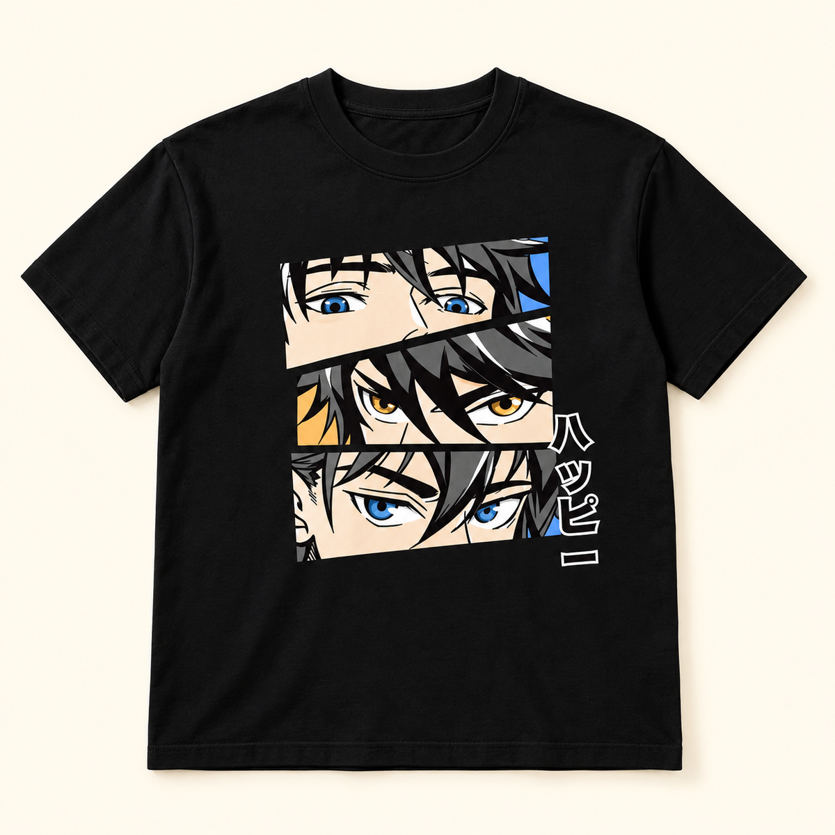 Playera negra con ojos de anime Negro, talla S. Vista frontal.