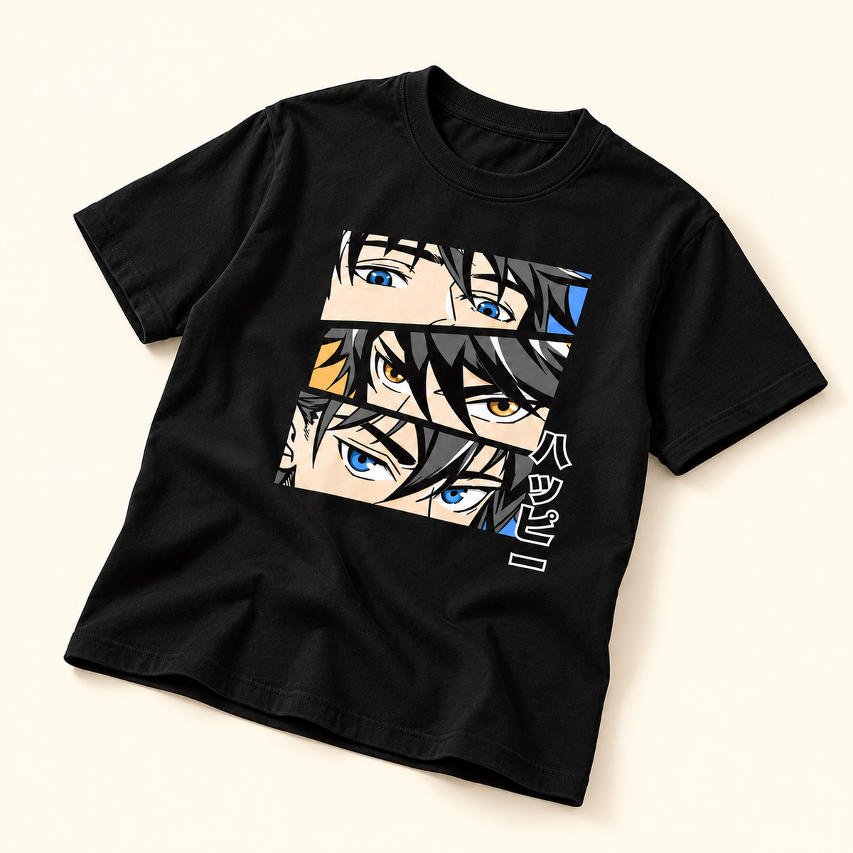 Playera negra con ojos de anime Negro, talla S. Vista de detalle desde otro ángulo.