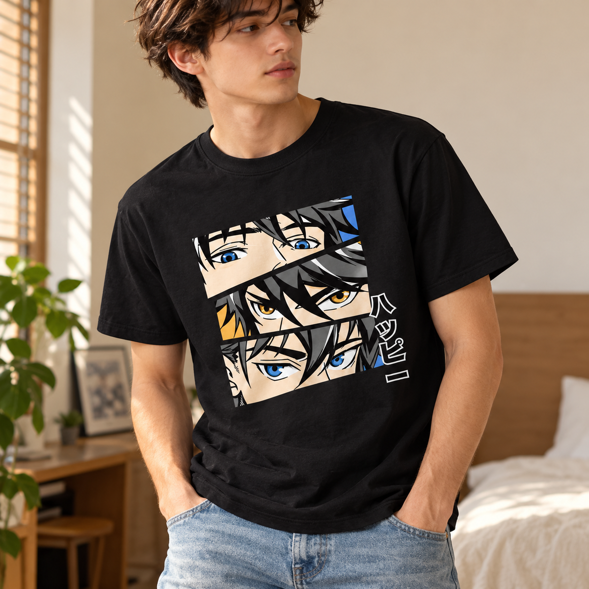 Playera negra con ojos de anime Negro, talla S. Imagen de uso ilustrativa.