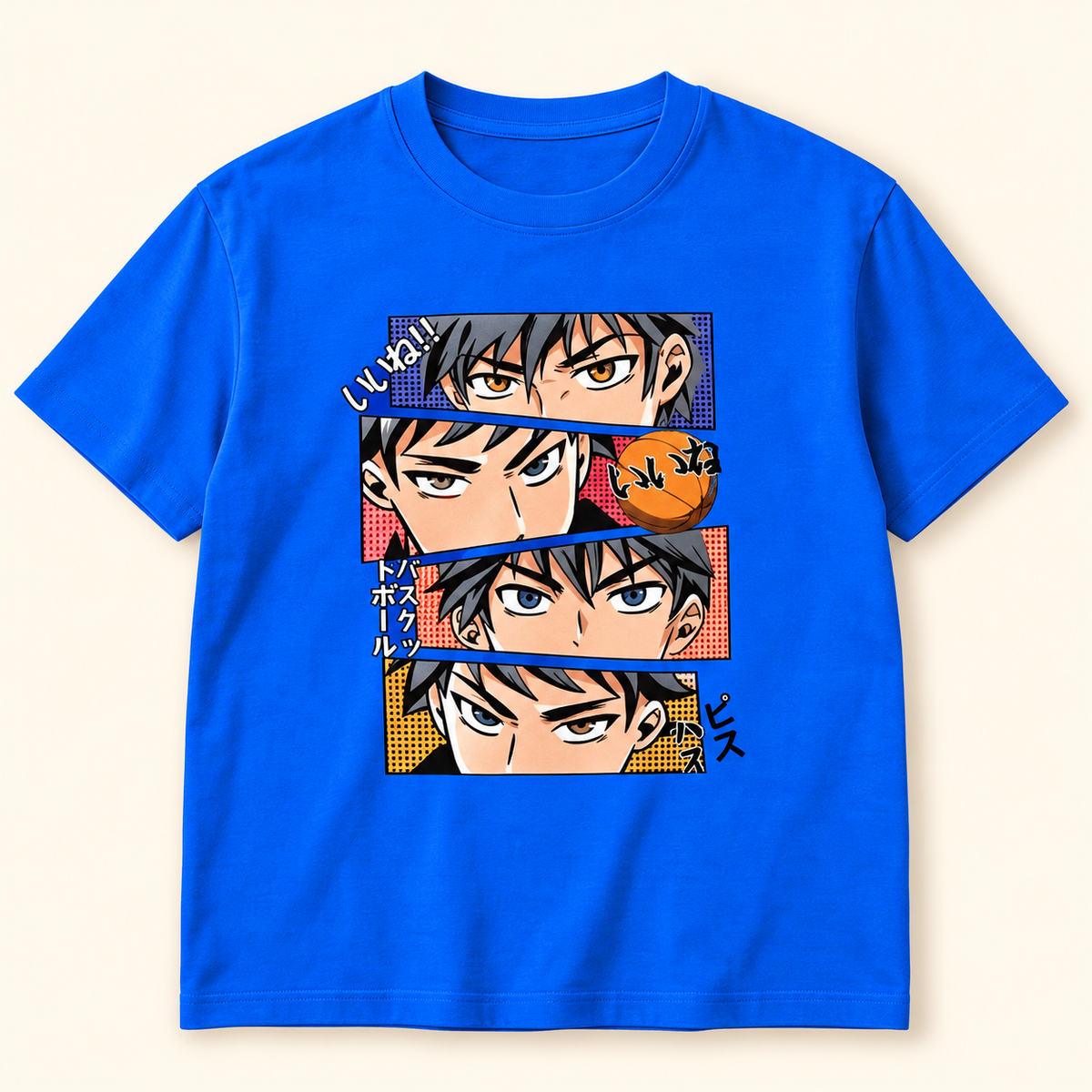 Playera azul con estampado de anime Azul, talla S. Vista frontal.