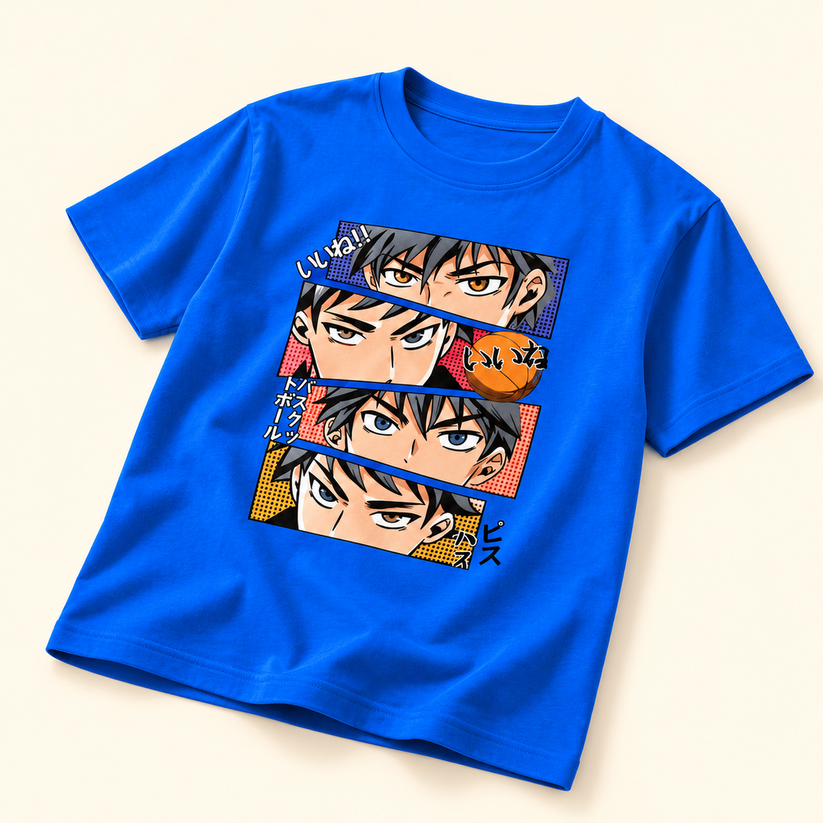 Playera azul con estampado de anime Azul, talla S. Vista de detalle desde otro ángulo.