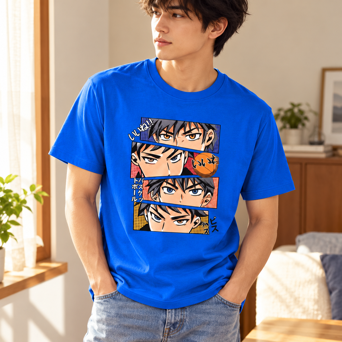 Playera azul con estampado de anime Azul, talla S. Imagen de uso ilustrativa.