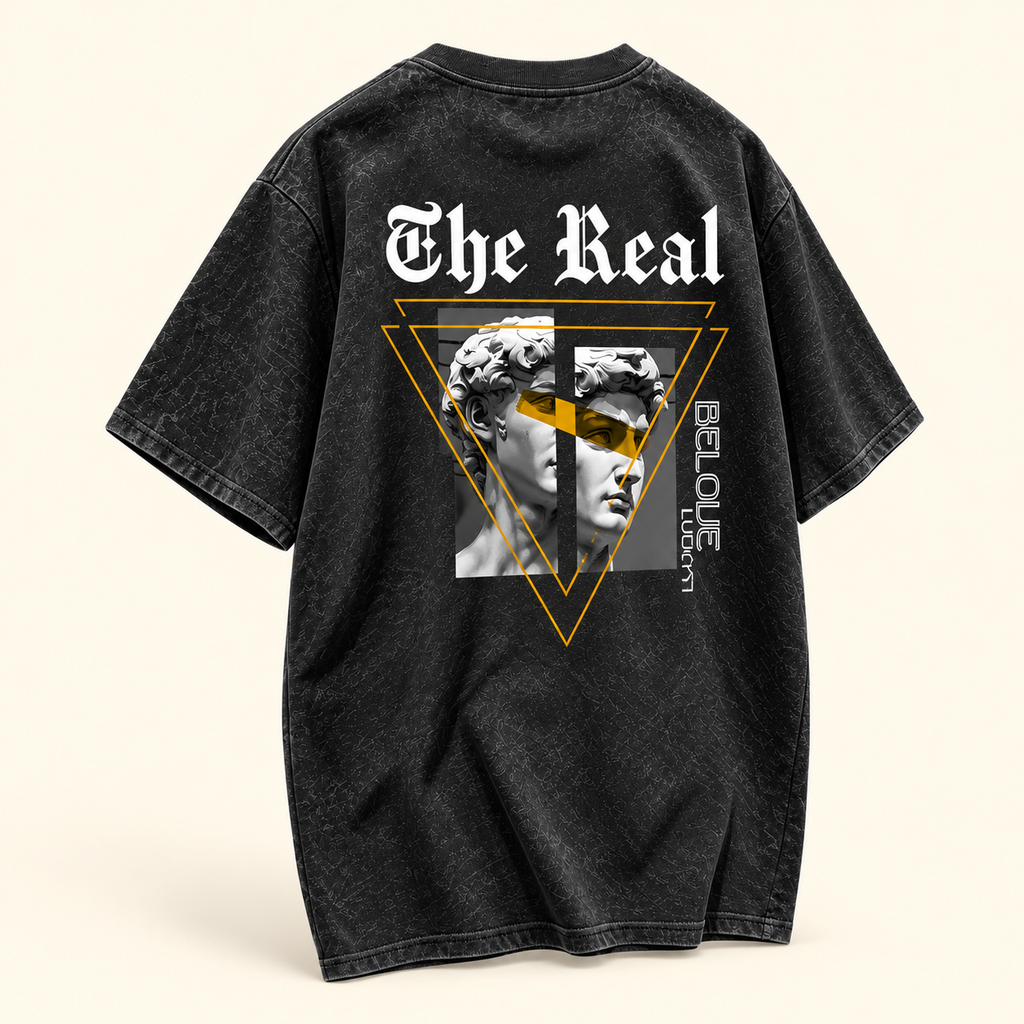 Playera vintage The Real Negro lavado, talla M. Vista de la espalda.