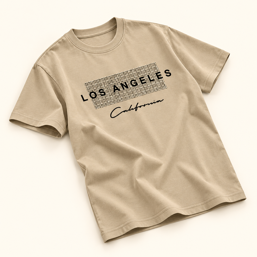 Playera beige Los Ángeles Beige, talla XL. Vista de detalle desde otro ángulo.