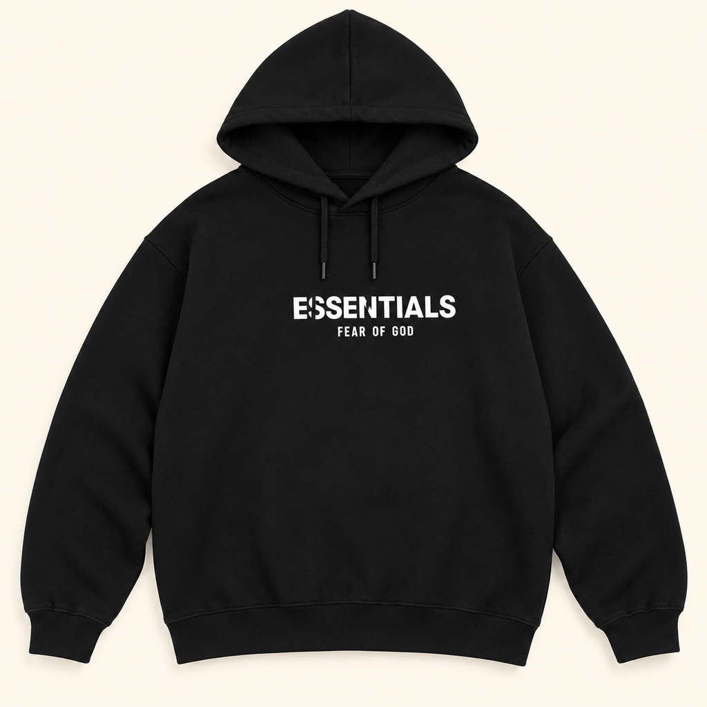 Sudadera negra con capucha y estampado ESSENTIALS Negro, talla M. Vista frontal.