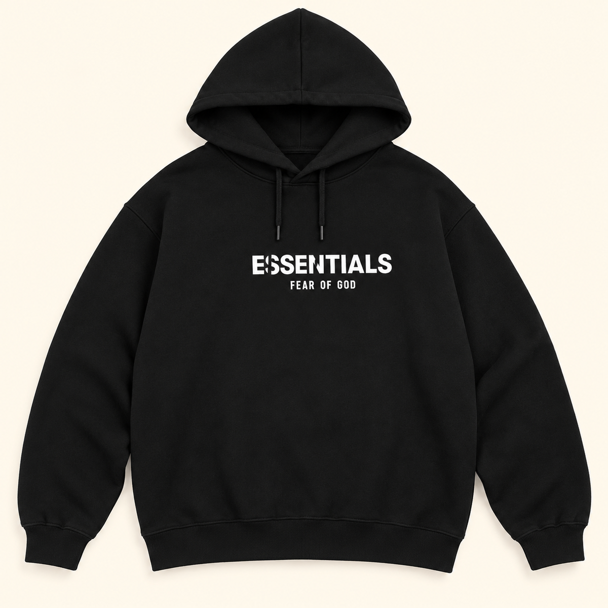 Sudadera negra con capucha y estampado ESSENTIALS Negro, talla M. Vista frontal.