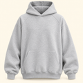 Sudadera gris oversize con capucha, vista frontal reconstruida