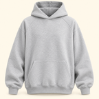 Sudadera gris oversize con capucha, vista frontal reconstruida