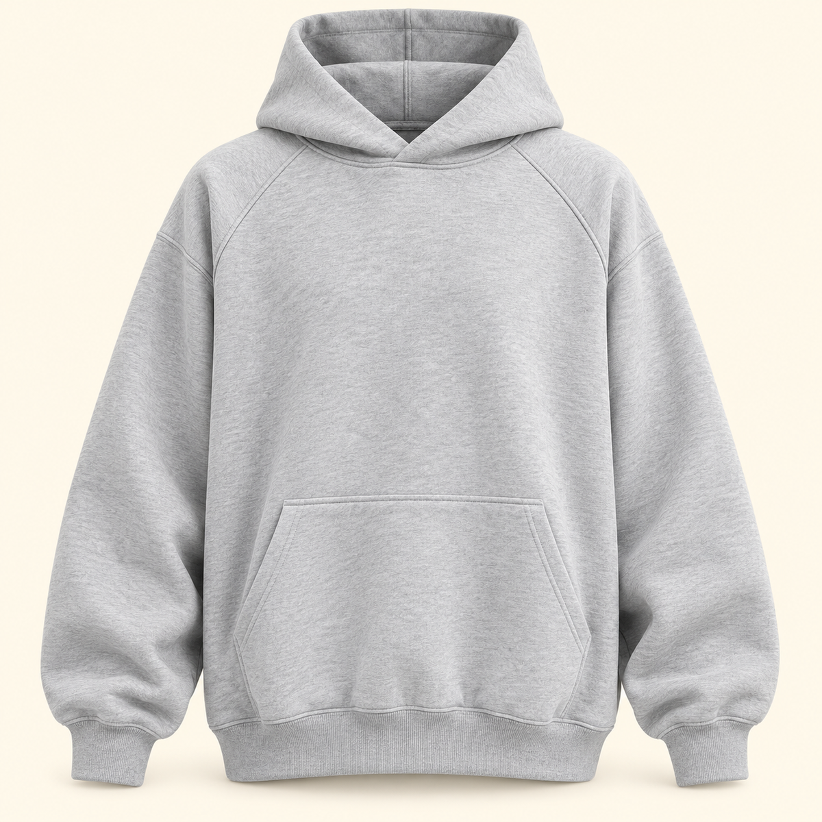 Sudadera gris oversize con capucha, vista frontal reconstruida